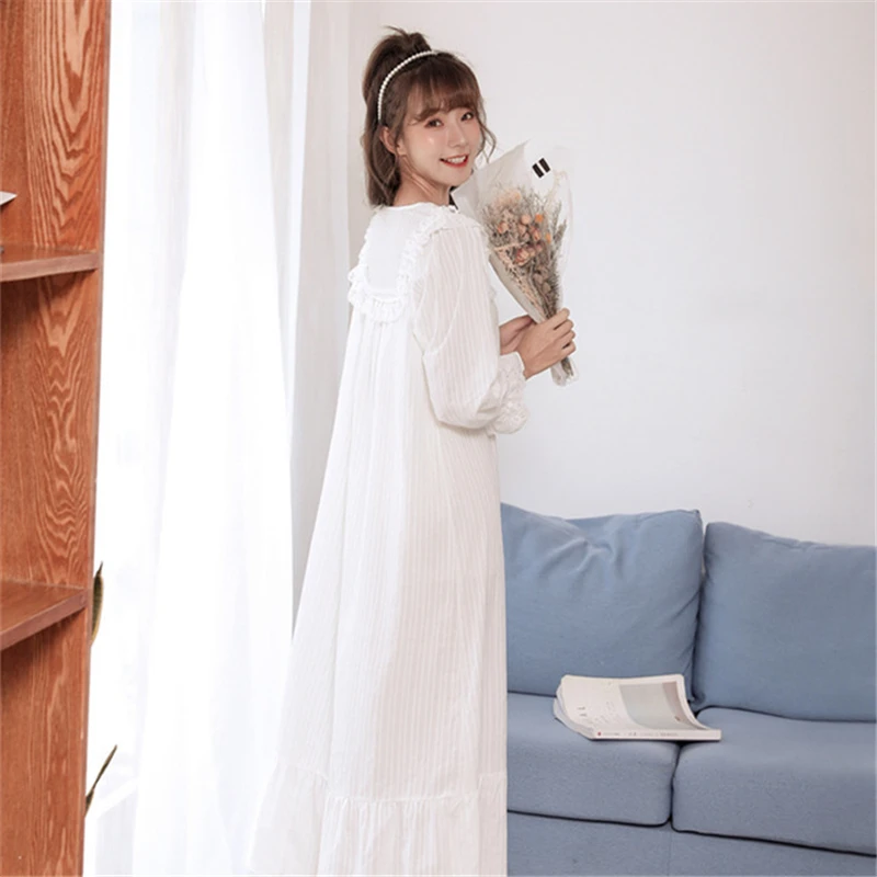 Đồ Ngủ Nữ Pijamas Cotton Cổ Chữ V Dài Tay Phong Cách Cung Đình Rời Áo Váy Ngủ Trắng Thanh Lịch Áo Tắm Váy Ngủ Mới 2020