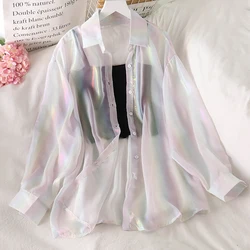 JMPRS Rainbow Loose Women Tops Shirts Harajuku Glossy Tulle Blouse Fashion Korean Long Sleeve Summer Beach Cute Ladies Tops