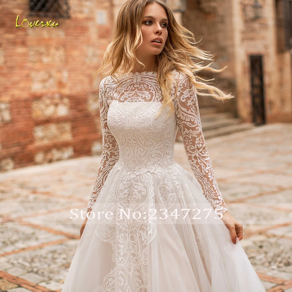 Loverxu Vestido de Novia Langarm Spitze Vintage Brautkleider sexy Illusion Applikationen Gericht Zug A-Linie Brautkleider