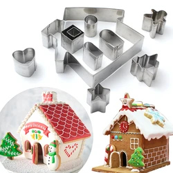 9pcs/set Christmas Gingerbread House Cookie Cutters 3D Stainless Steel Biscuit Cake Fondant Pastry Cutter Bakeware Set