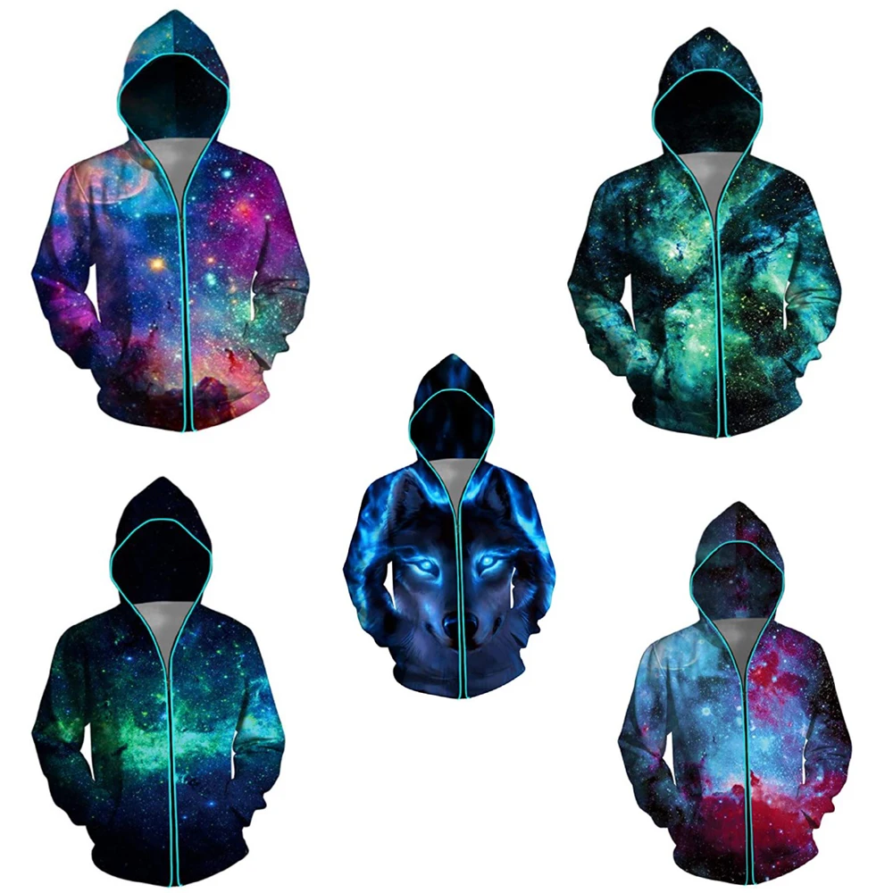 Unisex Light Up Hoodie 3D Print Zipper Battery Powered Sweatshirts El Wire Hoodies