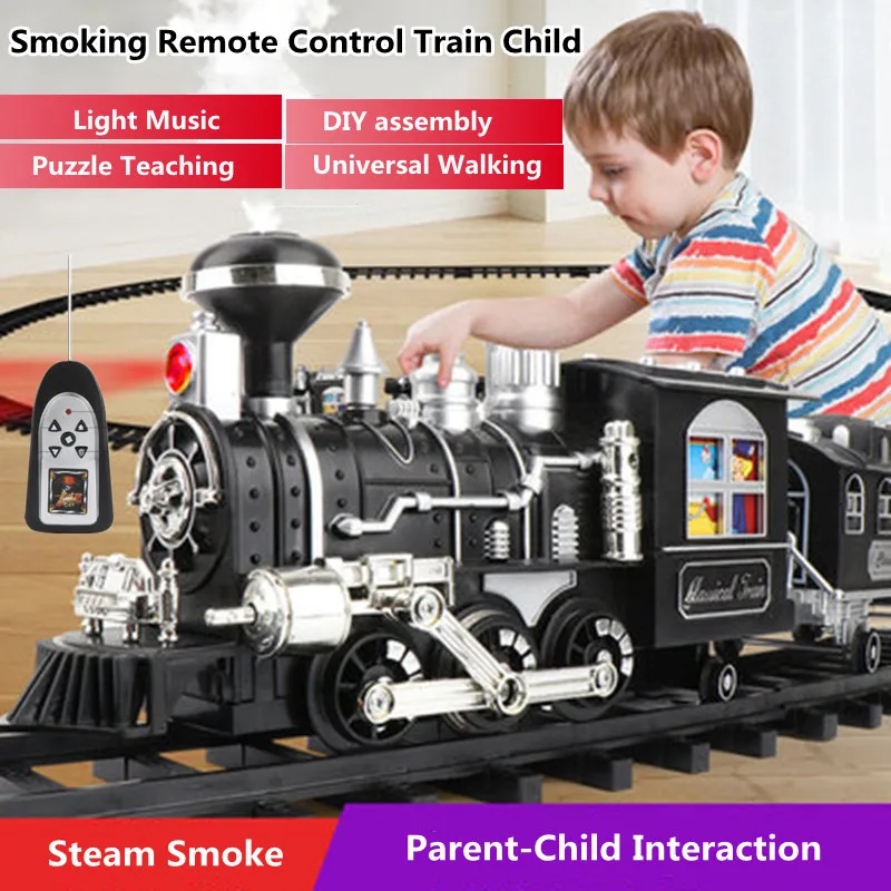 Electric Smoking Rail RC Car para crianças, luz sonora, música, interação pai-filho, montagem DIY, controle remoto a vapor, brinquedo de trem