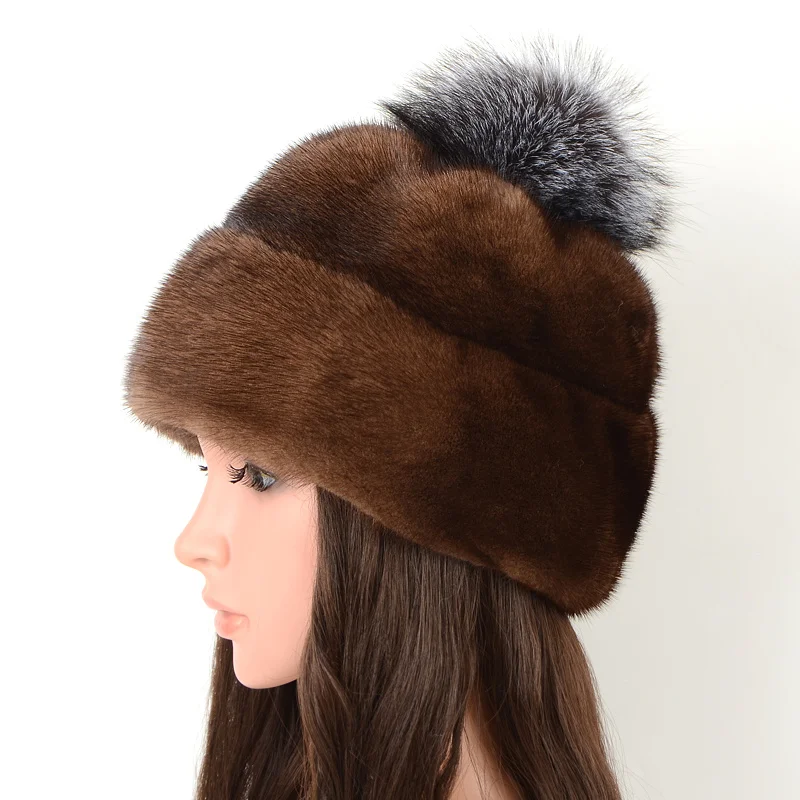 Mink Hat Winter Women Ladies Knitted Beanie With Pom Pom Real Fur Fox Cap Female Fashion Pompon Bonnet For Women Drawstring 2021