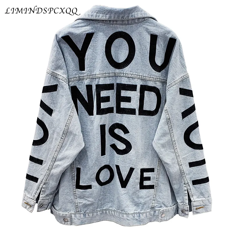 Streetwear Style Letter Embroidery Denim Jacket Women Diamonds Jeans Coat Female Casual Spring Autumn New Fashion Loose Outwear