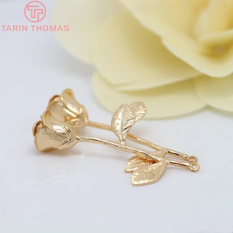 (823)4PCS 22x37MM Hole 1MM 24K Gold Color Plated Brass Rose Charms Pendants High Quality Diy Jewelry Findings Accessories