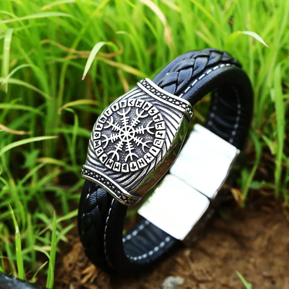 Vintage Odin Viking Rune Bracelet Men Boy Nordic 316L Stainless Steel Biker Viking Compass Bracelet Fashion Jewelry Amulet Gift