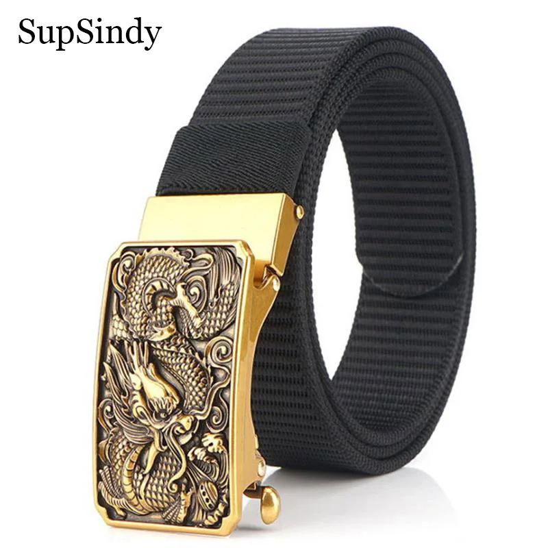 SupSindy Cinto de náilon masculino luxo dragão metal fivela automática cintos de lona para homens moda jeans cintura casual exército cinto masculino