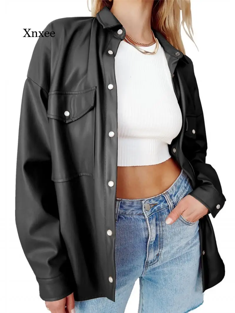 

Spring and Autumn Casual Street Long Cardigan Windbreaker Pu Leather Jacket Oversized Bomber Jacket