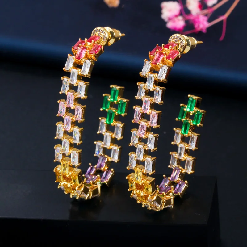 CWWZircons Multicolored Full Baguette Cubic Zircon Large Hoop Earrings for Women Fashion Jewelry Party Brincos feminino CZ643