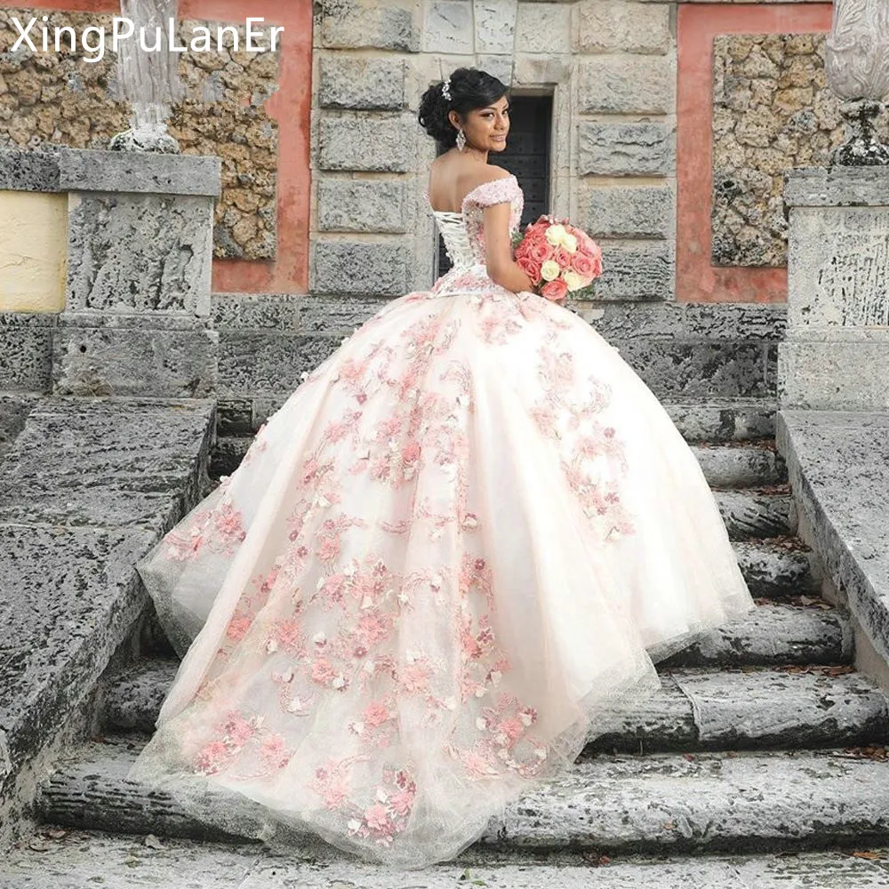 2020 Pink Lovely Ball Gown Quinceanera Dresses Sweetheart Off Shoulder Beading Flower Sweet 15 16 Dresses Girls Birthday Gown