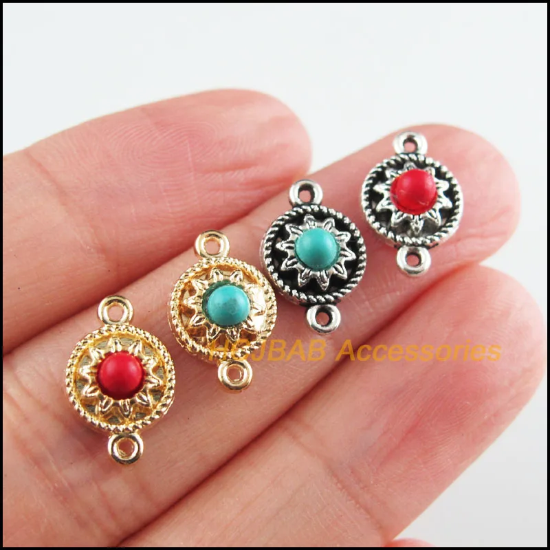 

25Pcs Tibetan Silver Tone Gold Color Flower Red & Blue Stone Round Charms Connectors 9x13.5mm