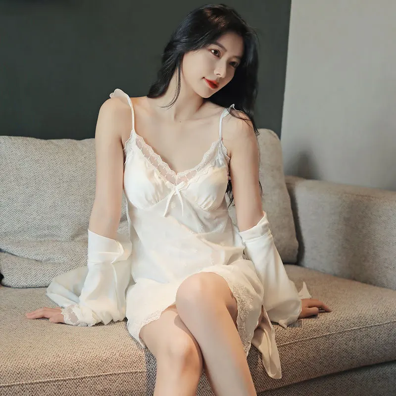 Women Summer New Lace Robe Set Nightdress Satin Sleepwear Sexy Kimono Bathrobe Gown Casual Nightwear Intimate Lingerie Homewear