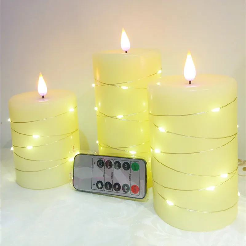 

Set of 3 Flickering 3D Wick Battery operated Paraffin Pillar Candle w/embedded Led String Xmas Wedding Bar Atmosphere Lighting