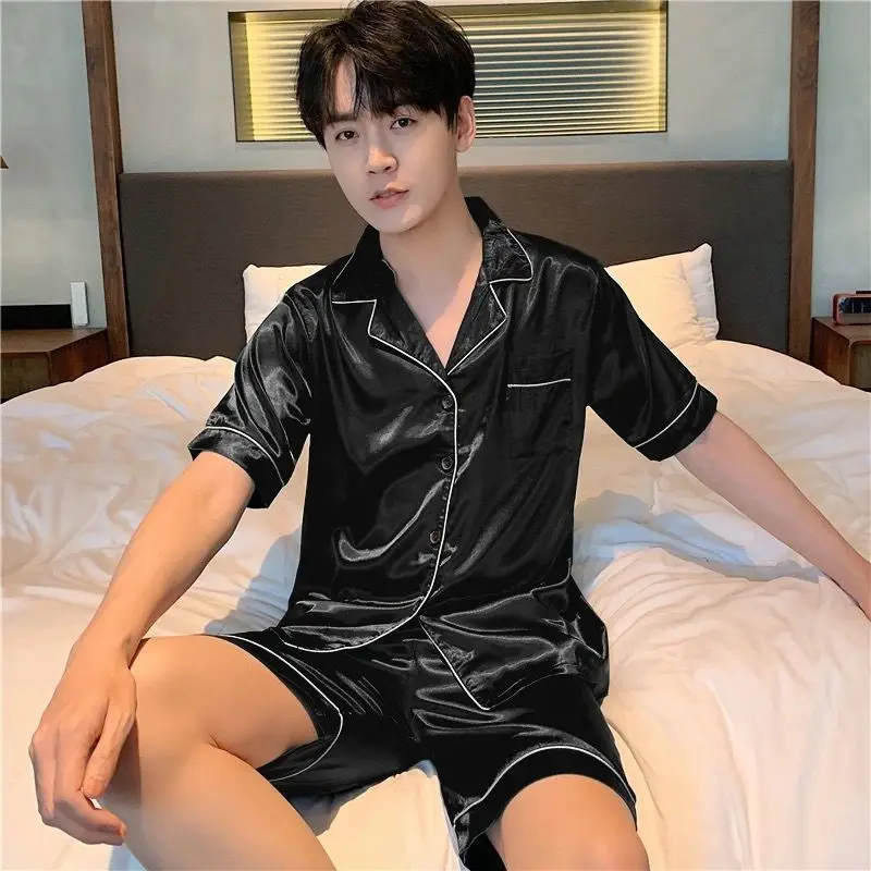 2021 Summer Newest Men\'s Pajamas Set Plus Size Solid Color Sleepwear Men\'s Short Sleeve Nightwear Short Top Pant Leisure Outwear