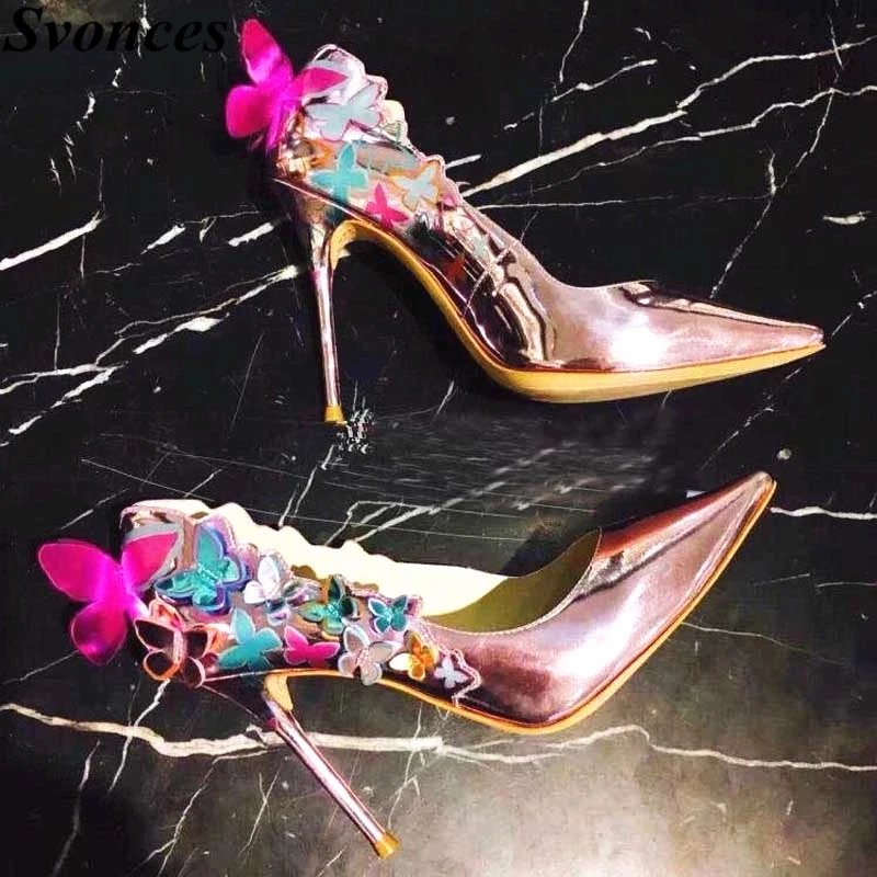 Beauty Reflecting Light Purple 3D Butterfly Thin High Heels Women Pumps Butterfly Heels Elegant Wedding Shoes Party Dress Pumps