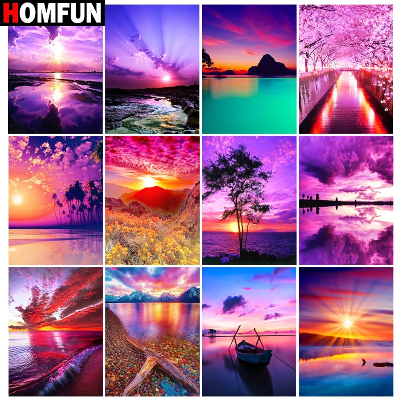 

HOMFUN Diamond Embroidery DIY Diamond Painting Cross Stitch Kit "lake sunset landscape" 5D Needlework Diamond Home Decoration