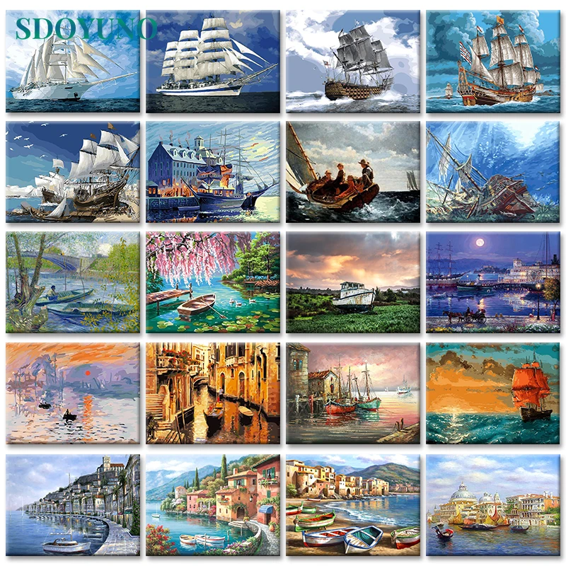 

SDOYUNO 40x50cm Painting By Numbers Ship Digital Painting Landscape Boat On Cavans Frameless DIY pictures by numbers