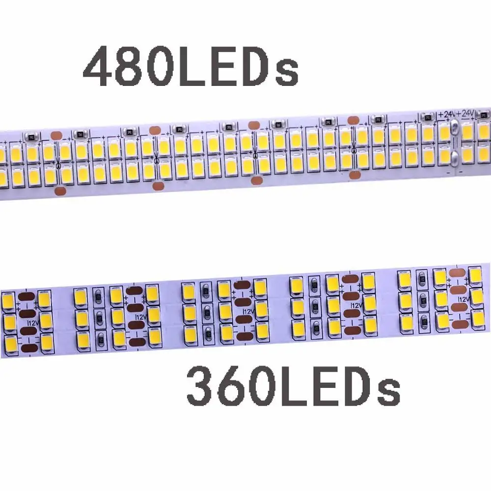 Tira de luces LED de doble fila, cinta luminosa de 12V, 24V, 2835, IP20, no impermeable, 480LED/M, 5m/rollo, blanco cálido