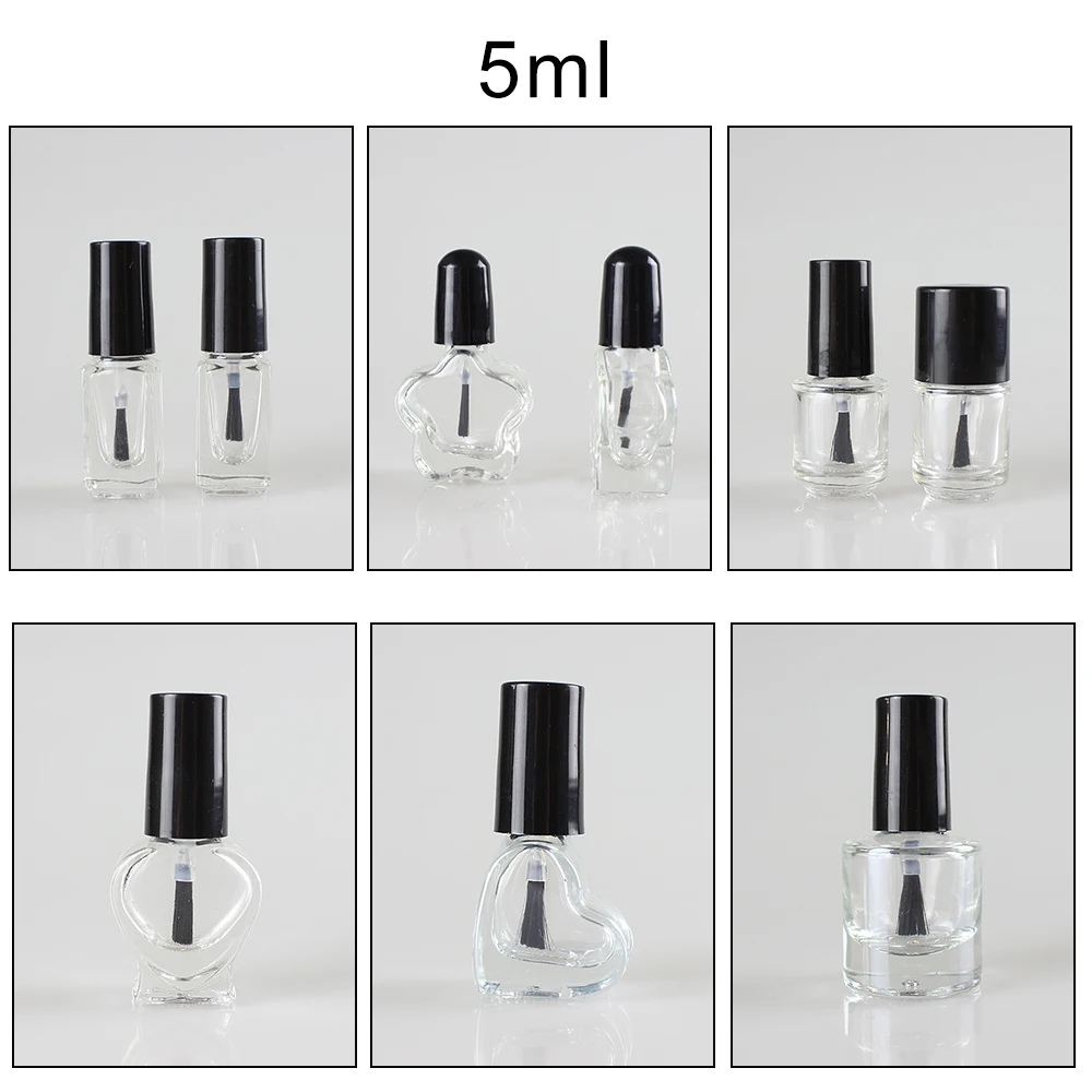 Multiple Styles Clear Glass Gel Nail Polish Bottle 5ml with Black Brush