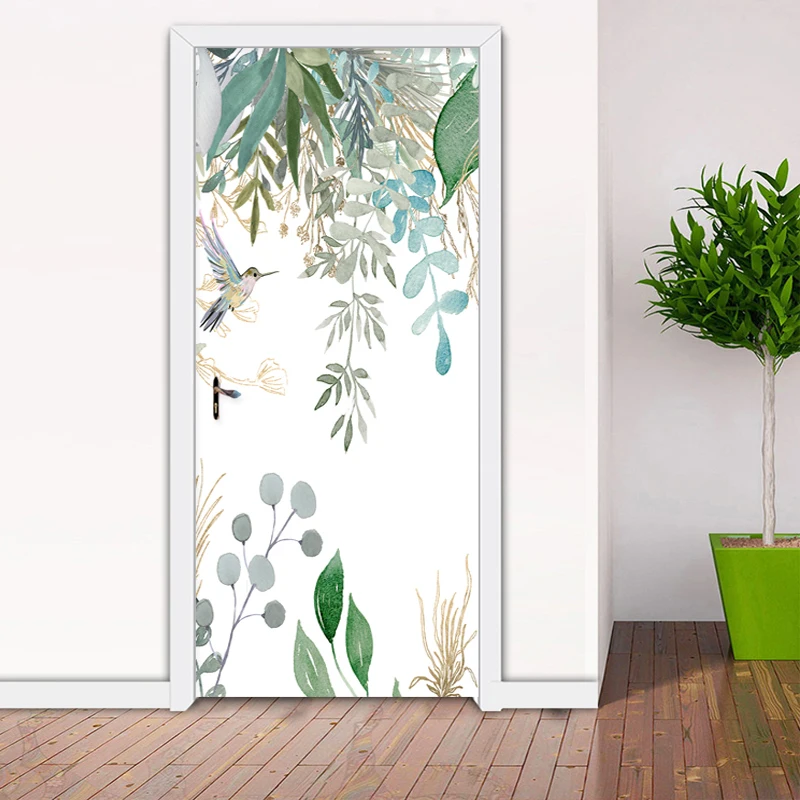 PVC Selbst-Adhesive Tür Aufkleber Moderne 3D Tropische Pflanze Blätter Blumen Und Vögel Wandbilder Tür Poster Wohnzimmer Wasserdicht aufkleber