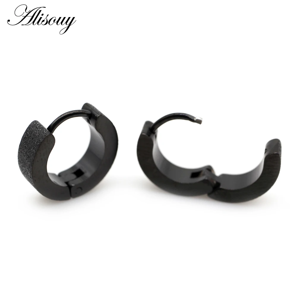 Alisouy 2pcs Punk Frosted Scrub Women Men Small Huggie Ear Earrings Stainless Steel Round Smooth Circle Hoop Earrings Jewelry