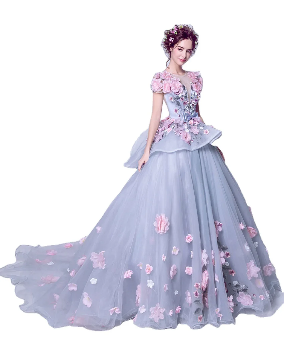 Vestido de quinceañera de manga corta, traje de baile de cola larga, apliques de flores azules y grises de ensueño, novedad de 2023