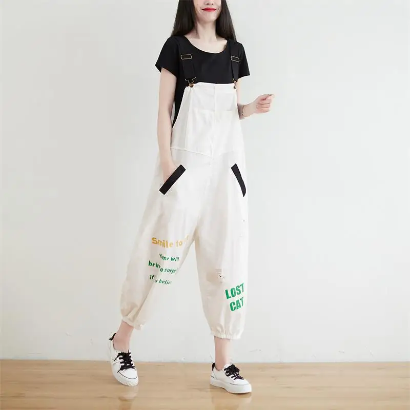 Summer Autumn Loose White Jumpsuit Cotton Women Letters Print Ripped Baggy Bib Pants Bunch Bottom Ankle-Length Mom Overalls