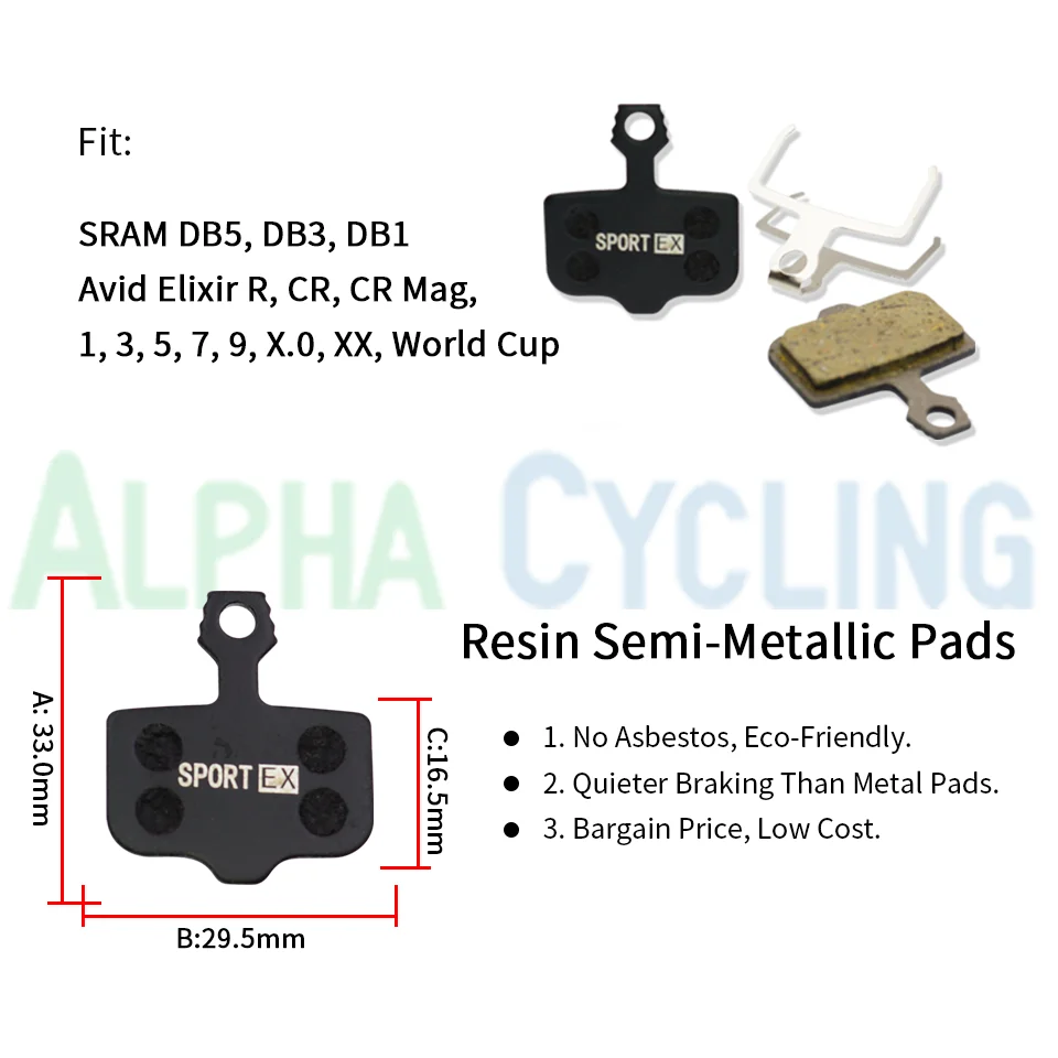 4 Pairs, Bicycle Disc Brake Pads for Avid Elixir R/CR/CR-MAG/E1/3/5/7/9 Sram X0 XX DB1/3/5 Dualtron Thunder, Sport EX Resin