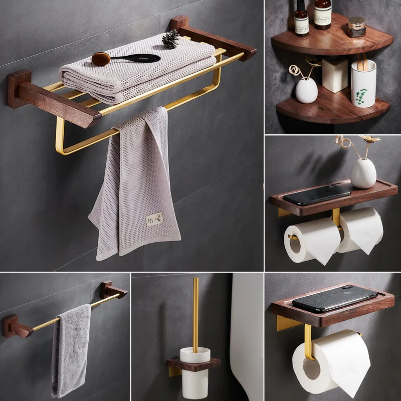 

Walnut Bathroom Accessories Bath Towel Rack Towel Bar Set Toilet Paper Holder Bathroom Hardware Shelves