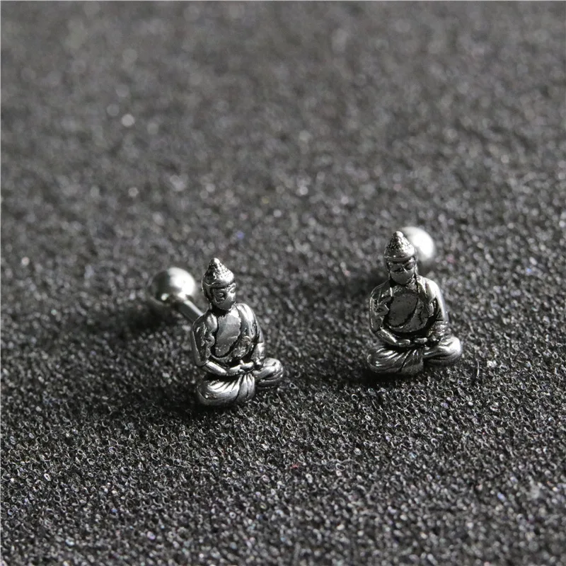 Classic Retro Silver Color Small Buddha Stud Earrings Men and Women Religion Wealth Lucky Stud Earring Daily Collocation Jewelry