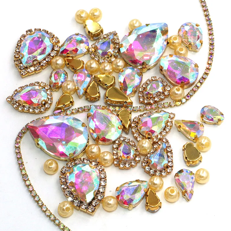 Wedding Decoration gold base AB color Mix size Glass Crystal Stones Pearl Beads Cup Chain Rim Rhinestones Sew On Clothing/Dress