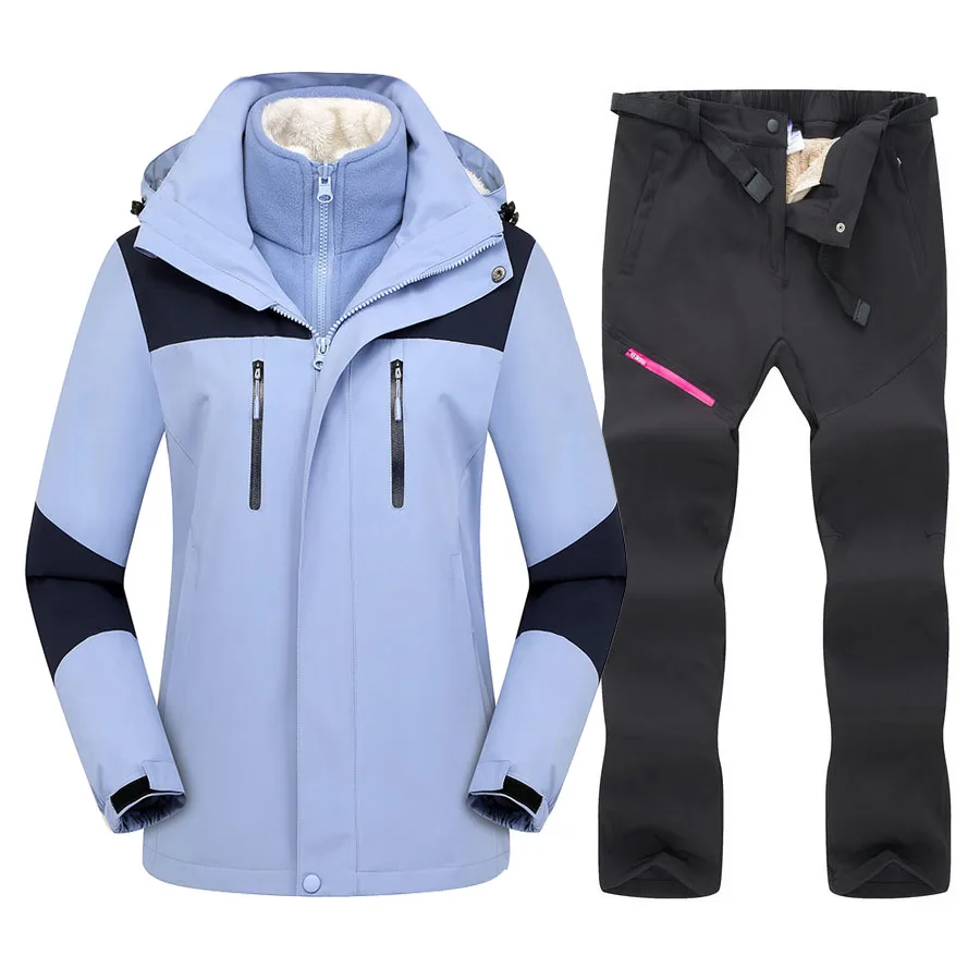 2022 Women Ski Suit Winter Warm Ski Hoodie Set Windproof Waterproof 3 in 1 Jackets and Pants Skiing Snowboard Suit Snow Costumes