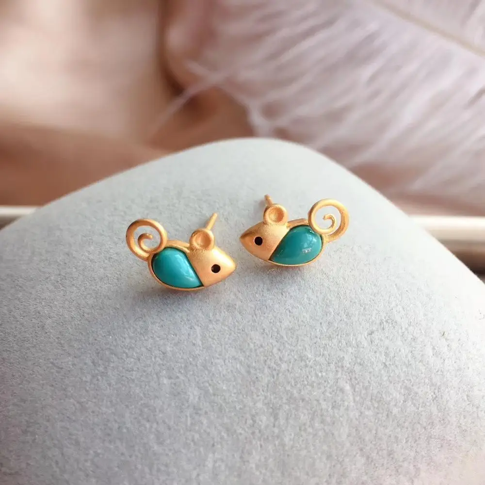 KJJEAXCMY Fine Jewelry Natural Blue Turquoise 925 Sterling Silver Women's Earrings New Mouse Ear Studs Support Test Popular
