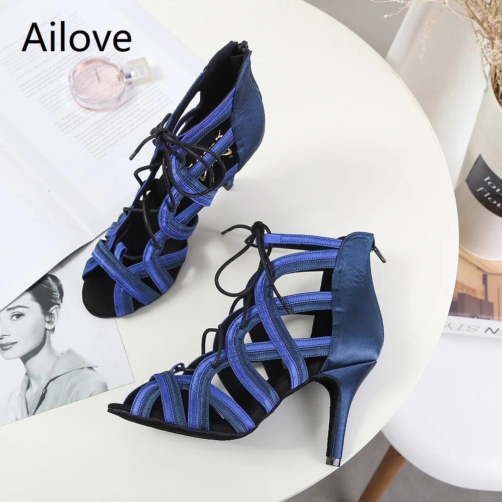 Women Ballroom Latin Dance Boots Lady`s Salsa Professional Dancing Shoes Lace-up Social Danc Sandals Multiple Heel Height S014