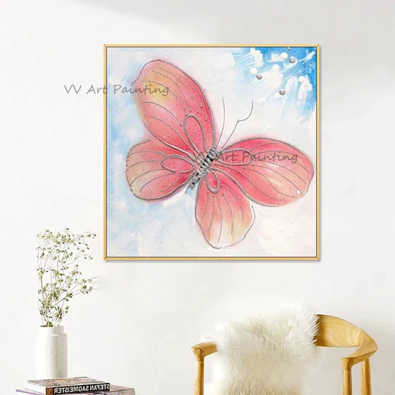 Hand-Painted Palette Knife Oil Painting, Textured Pink Butterfly Canvas Wall Art, Pastel Nursery Bedroom Decor