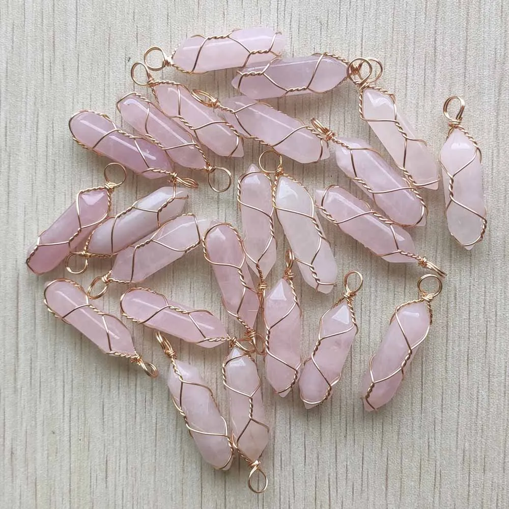 Natural pink quartz stone pillar shape handmade gold color wire pendants for jewelry making free shipping Wholesale 24pcs/lot