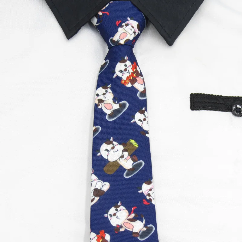 New casual necktie student cartoon cow college style printed Korean necktie royal blue pull knot men's tie