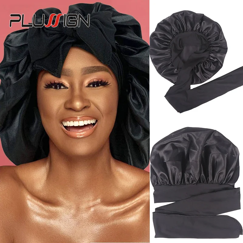 Plussign New Women Satin Bonnet With Tie Line Black Pink Night Sleep Cap Hair Care Bonnet Shower Turban Unisex Cap Bonnets