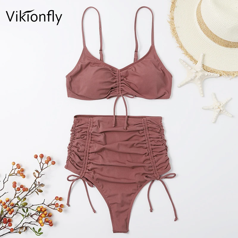 Vikionfly Sexy High Waist Bikini 2021 Women Swimsuit Thong Bottom Padded Ruched Brazilian Swimwear Bathing Suit Swimming Suit