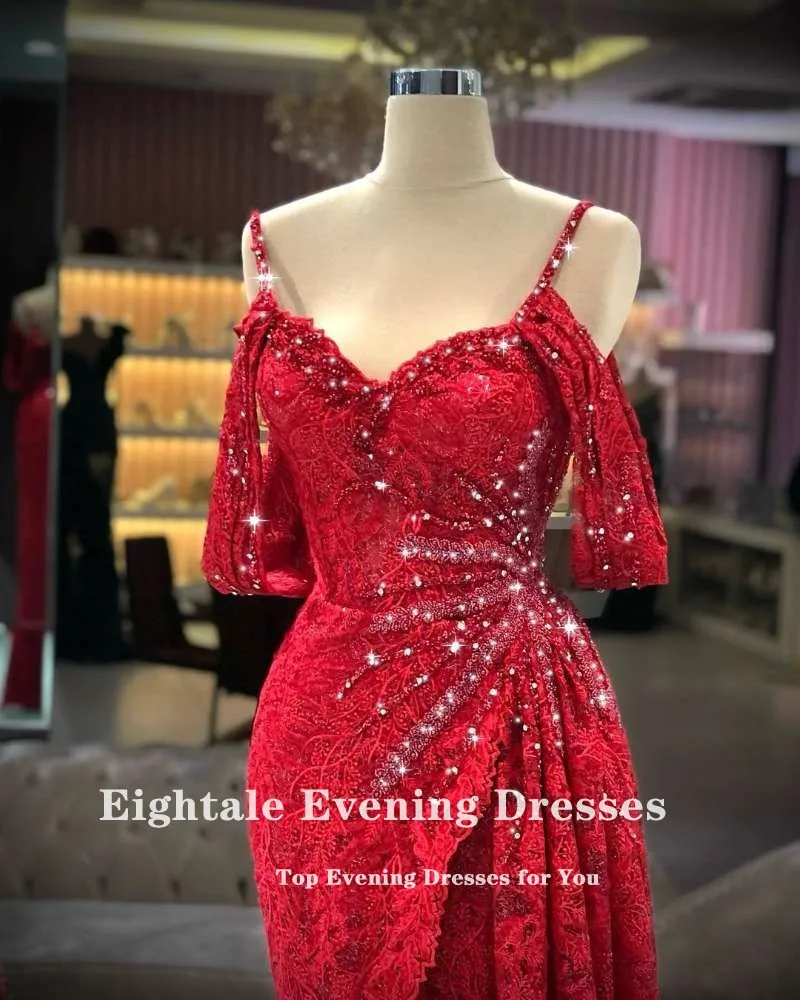 Eightale Arabic Evening Dresse Lace Spaghetti Strap Beaded High Side Split Off the Shoulder Mermaid Red Prom Gown Party Dress