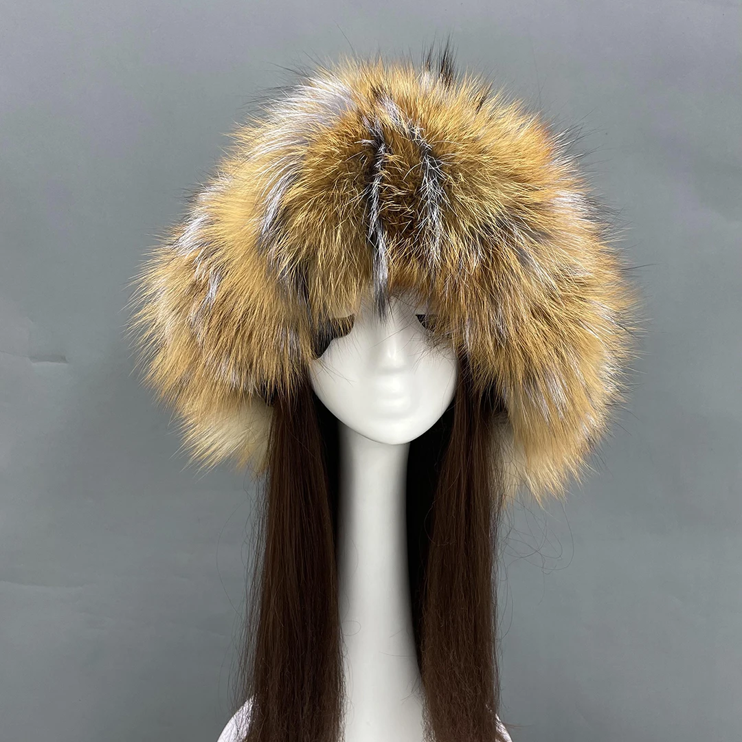 

Fur Hat Russian Style Luxury Warm Fox Fur Cap Fluffy Raccoon Fur Hat With Earflaps Outdoor Bomber Hat Winter Women's Cap 2021