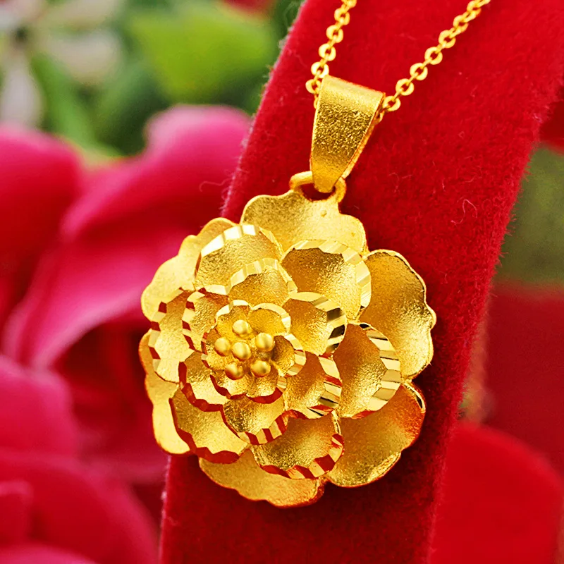 Women's Ancient French Single Pendant Multilayer Large Flower 24k Gold Plated Traveling Memorial Necklace