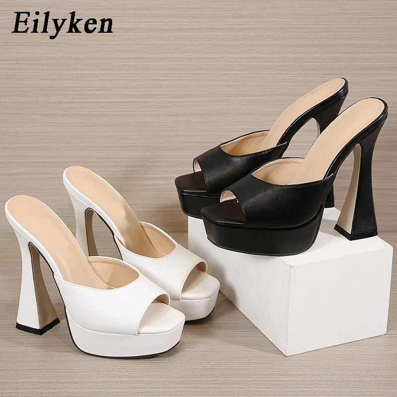 Eilyken Peep Toe Summer Platform Slippers Women Shoes Slides Fashion Square Heels Gladiator Sandals Pumps