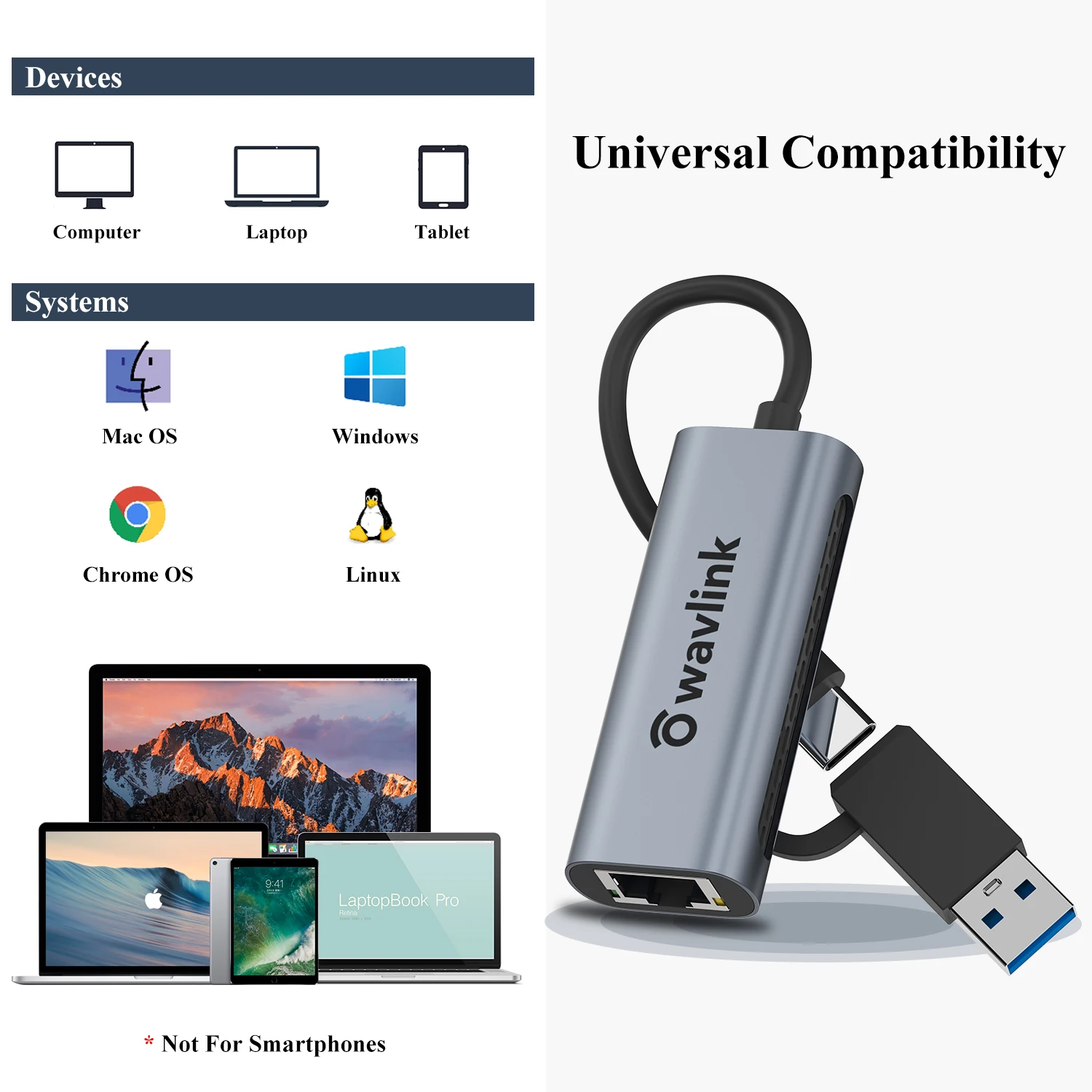 Wavlink 2500Mbps USB C 2.5G External Ethernet Gigabit Adapter Type C to Network Card RJ45 LAN 2.5Gbps USB 3.0 Converter Laptop