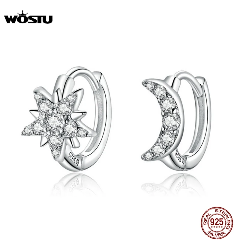 WOSTU Authentic 925 Sterling Silver Moon & Star Earrings Classic Zircon Smart Earrings For Women Making Fine Jewelry CTE289