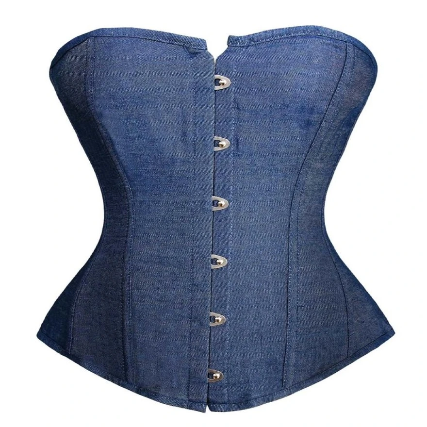 

Sexy Blue Denim Overbust Corset Top Women Vintage Corset Waist Cincher Lace Up Slim Bustier Burlesque Lingerie Plus Size