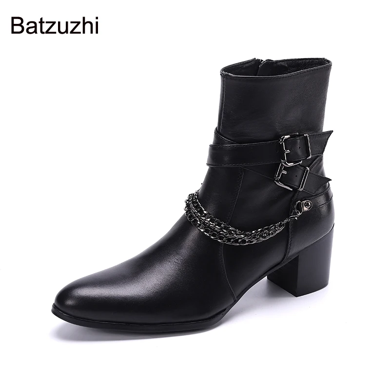 

Batzuzhi Italian Type 7cm Heels Men's Boots Pointed Toe Black Soft Genuine Leather Boots Men Ankle Chians Straps Knight Botas!