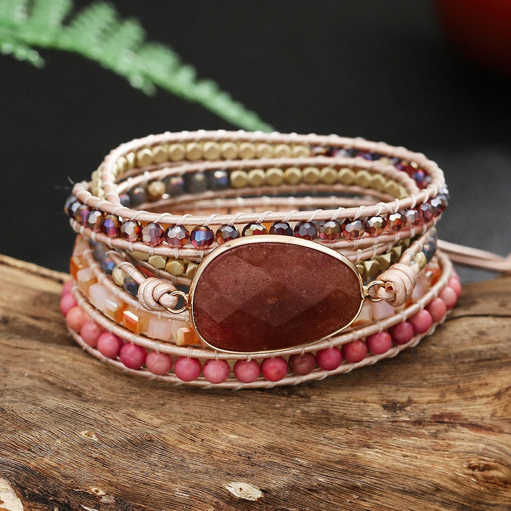 Strawberry Quartz Crystal Stone Wrap Bracelet for Women Natural Gemstone Beaded Real Leather Handmade Strand Bracelet for Lover