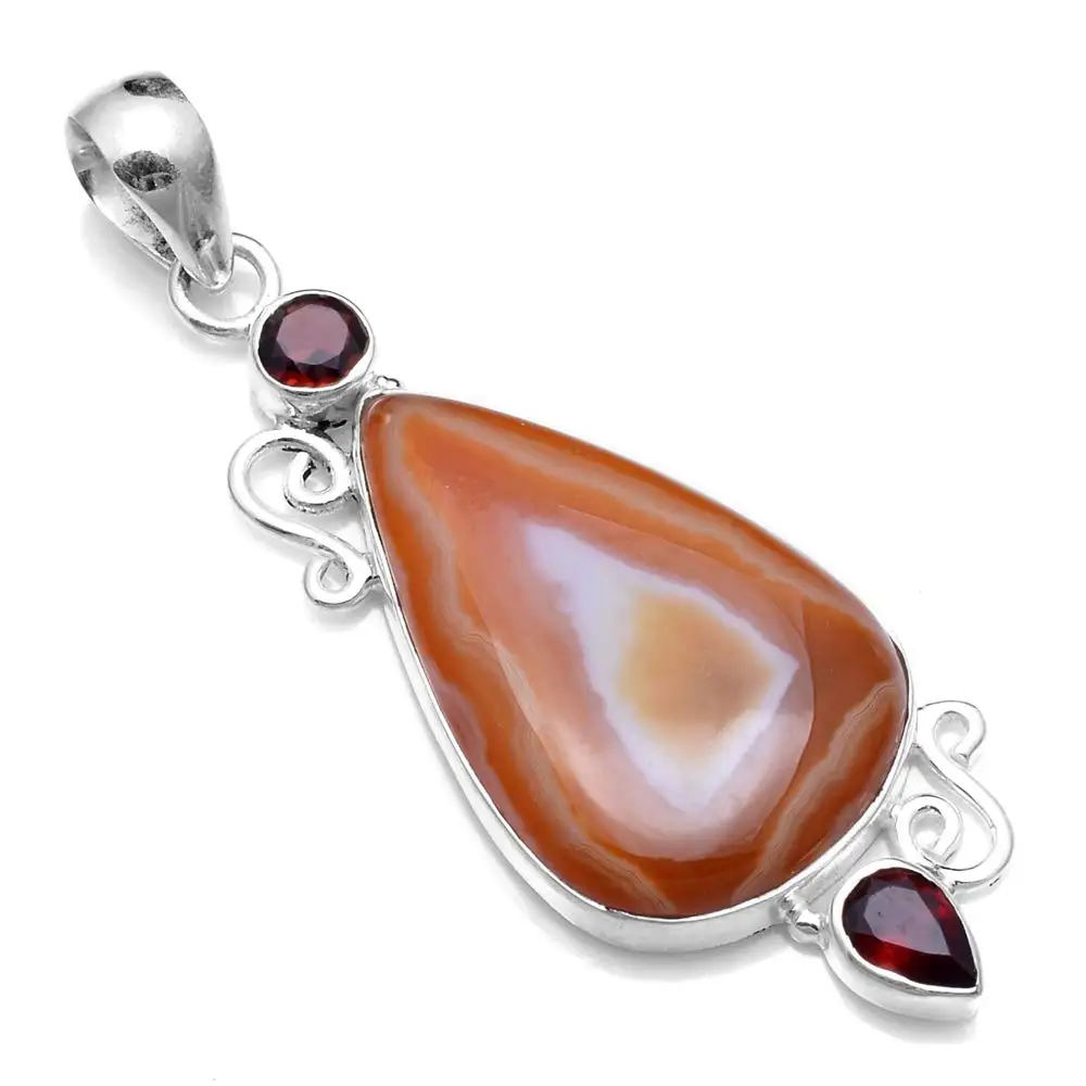 

Genuine Botswana Agate + Garnet Pendant 925 Sterling Silver, 57.8 mm, 2SP0376