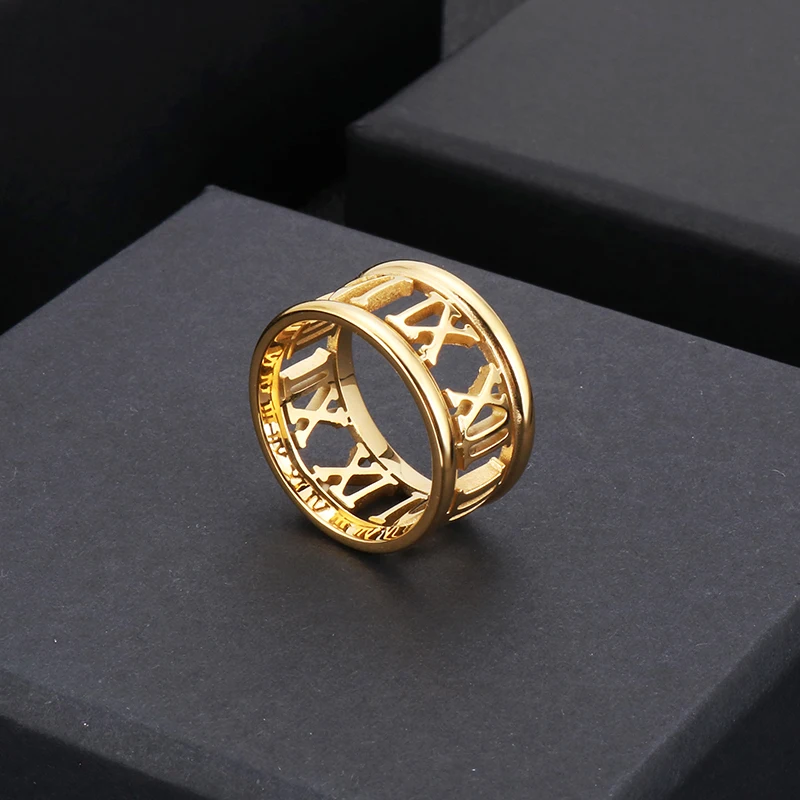 HaoYi Stainless Steel Roman Numeral Ring For Men Women Gold Silver Color Fashion Band Jewelry Gift